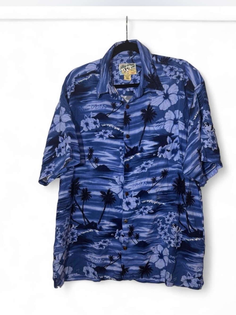 Vintage Y2K Big Dogs Blue Hibiscus Clouds Allover Print Rayon Shirt L